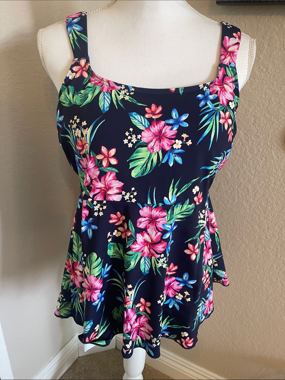 Lands' End Navy Floral Swim Tankini with Pink & Blue Flowers